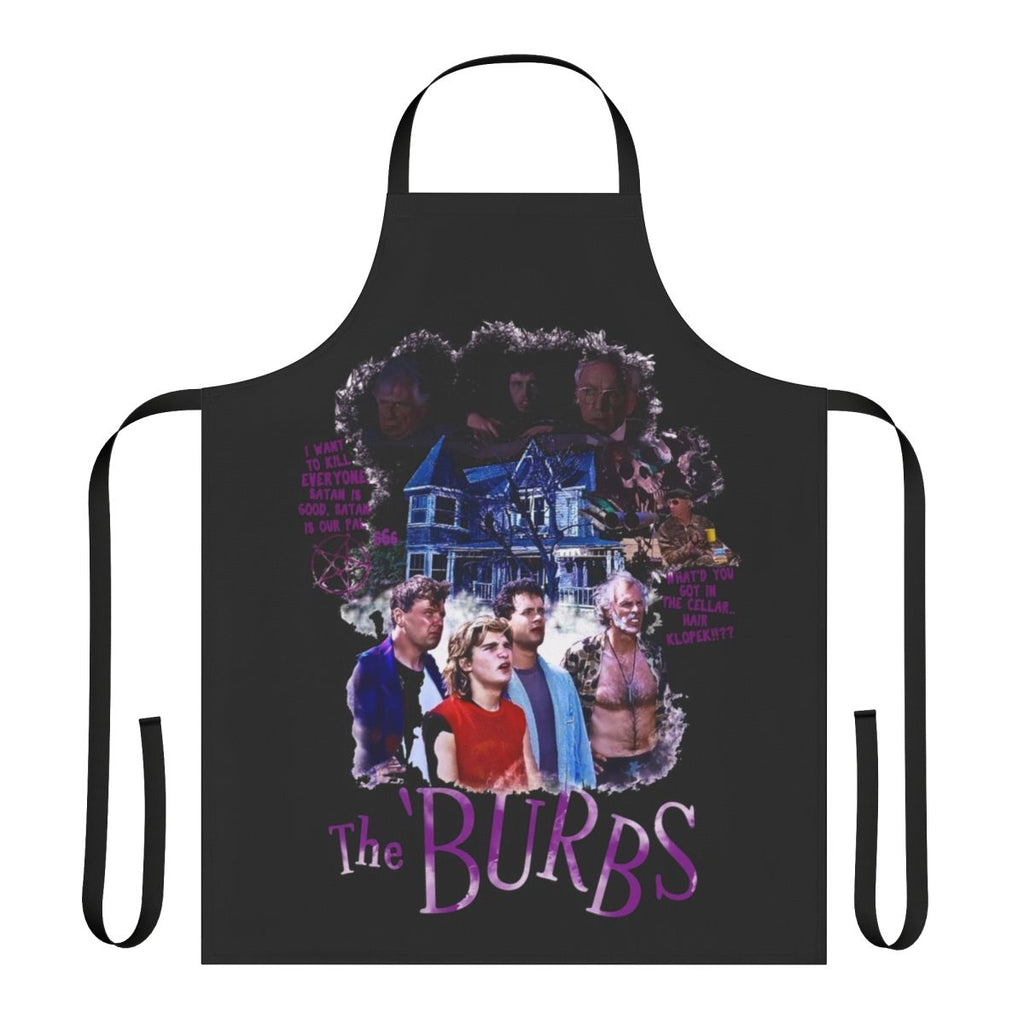 Stylized apron featuring characters and quotes from the classic 80s horror comedy film "The Burbs"