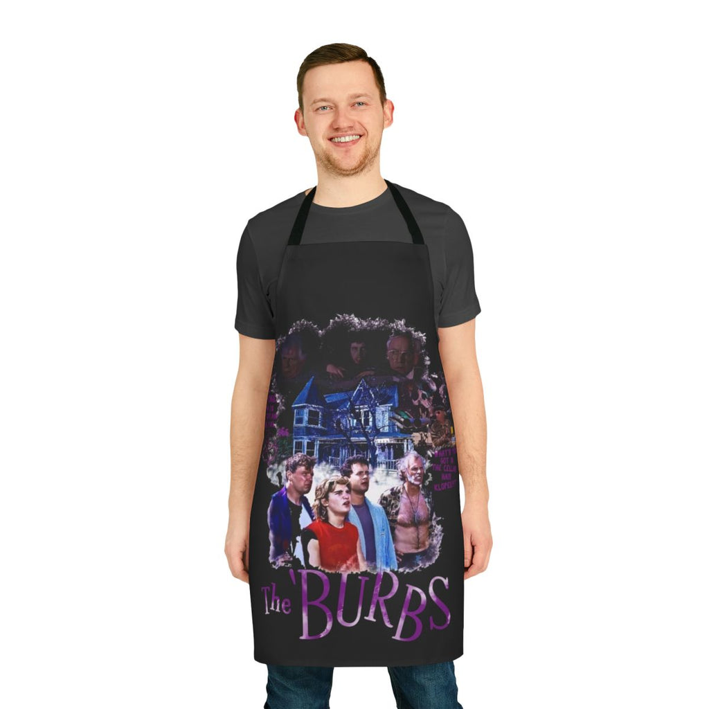 Stylized apron featuring characters and quotes from the classic 80s horror comedy film "The Burbs"
