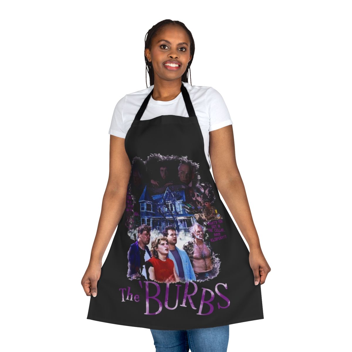 Stylized apron featuring characters and quotes from the classic 80s horror comedy film "The Burbs"