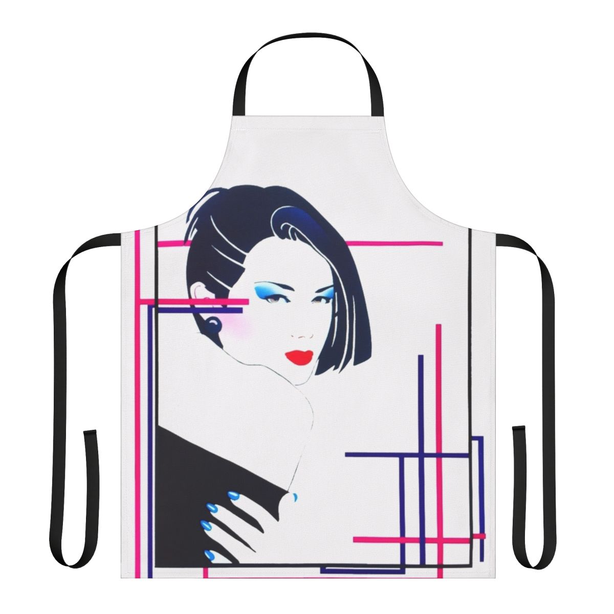 Colorful retro-style apron with geometric patterns and synthpop-inspired aesthetic
