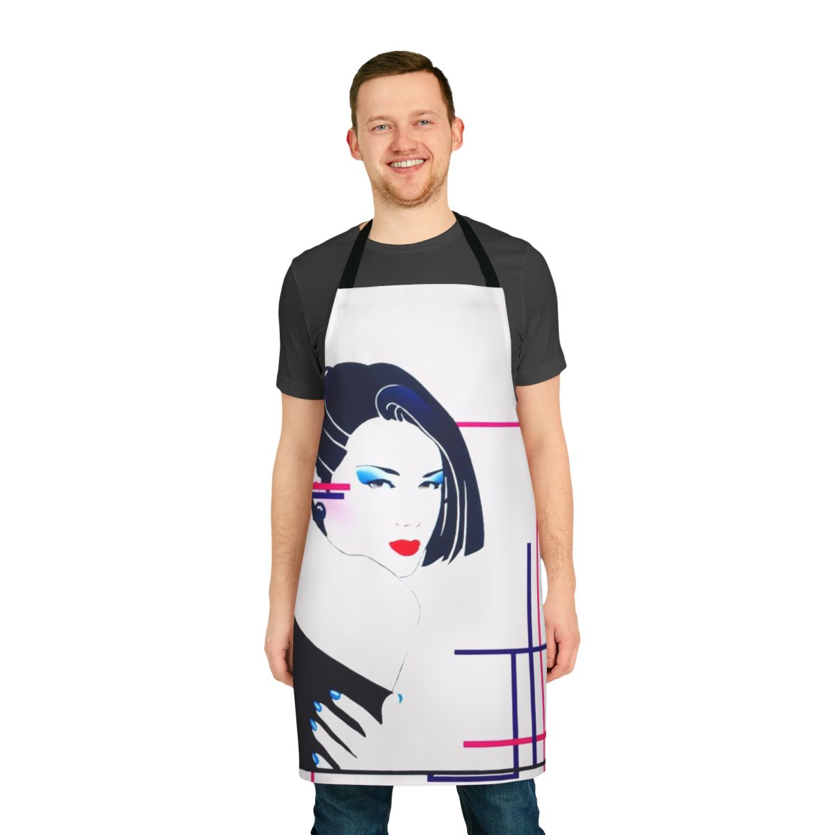 Colorful retro-style apron with geometric patterns and synthpop-inspired aesthetic