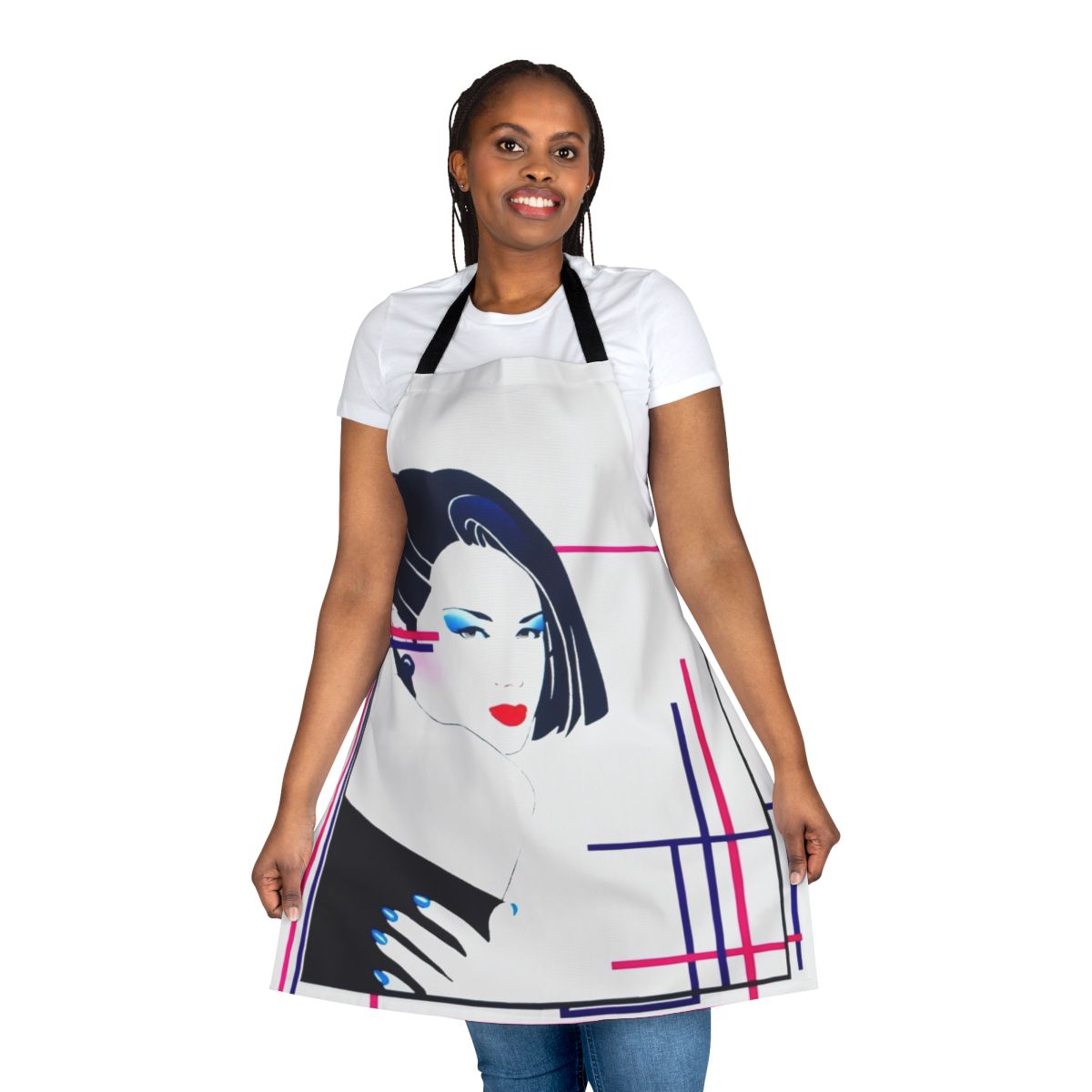 Colorful retro-style apron with geometric patterns and synthpop-inspired aesthetic