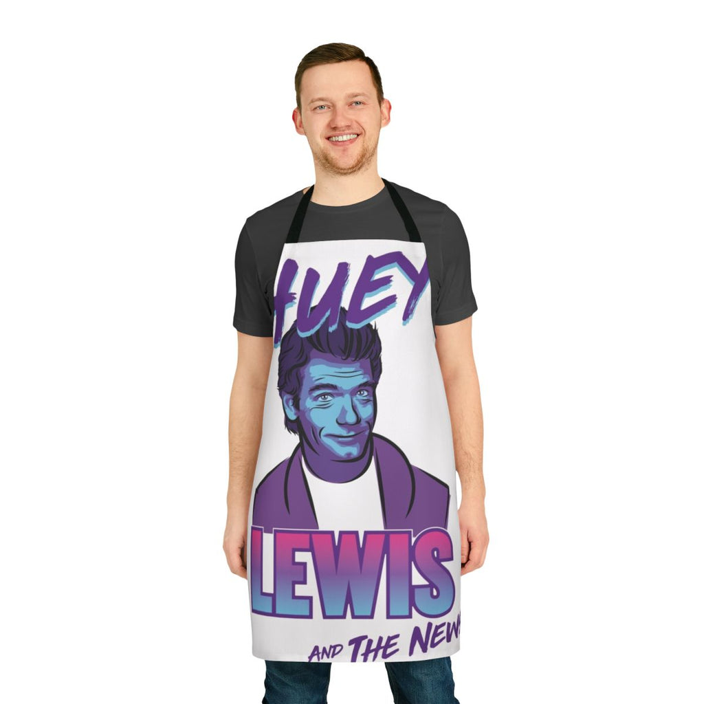 Retro 80s inspired apron featuring a vector portrait of Huey Lewis of Huey Lewis and the News