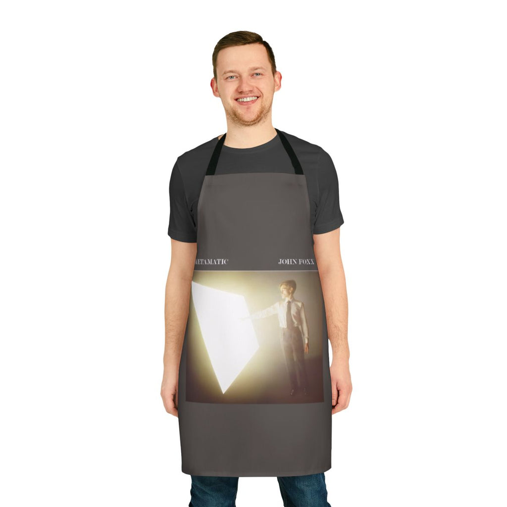 Retro 80s inspired apron featuring a graphic design inspired by the album artwork of John Foxx's 1980 album Metamatic