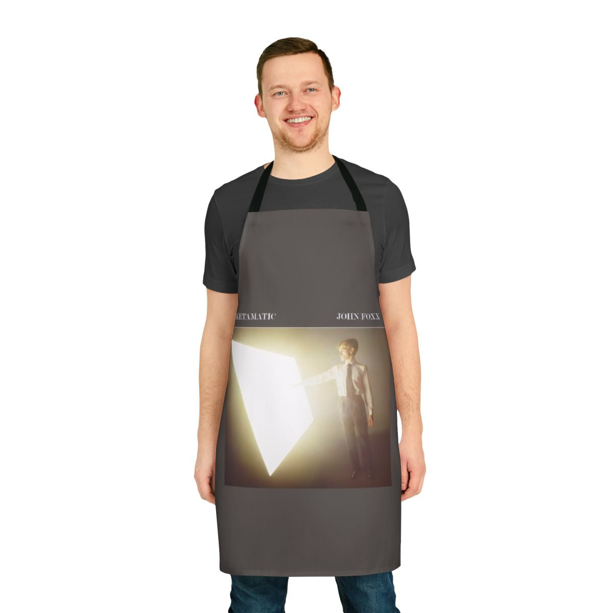 Retro 80s inspired apron featuring a graphic design inspired by the album artwork of John Foxx's 1980 album Metamatic