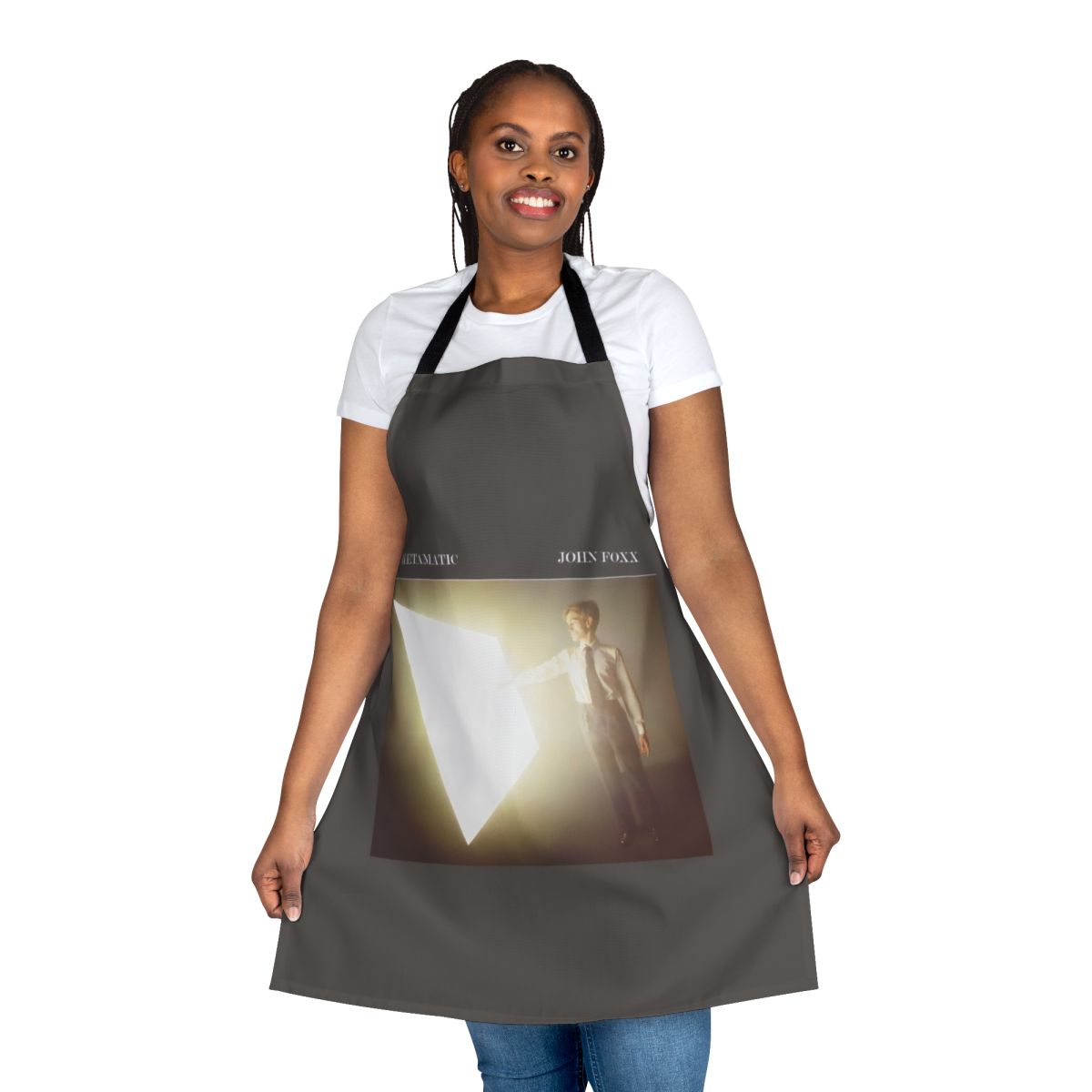 Retro 80s inspired apron featuring a graphic design inspired by the album artwork of John Foxx's 1980 album Metamatic