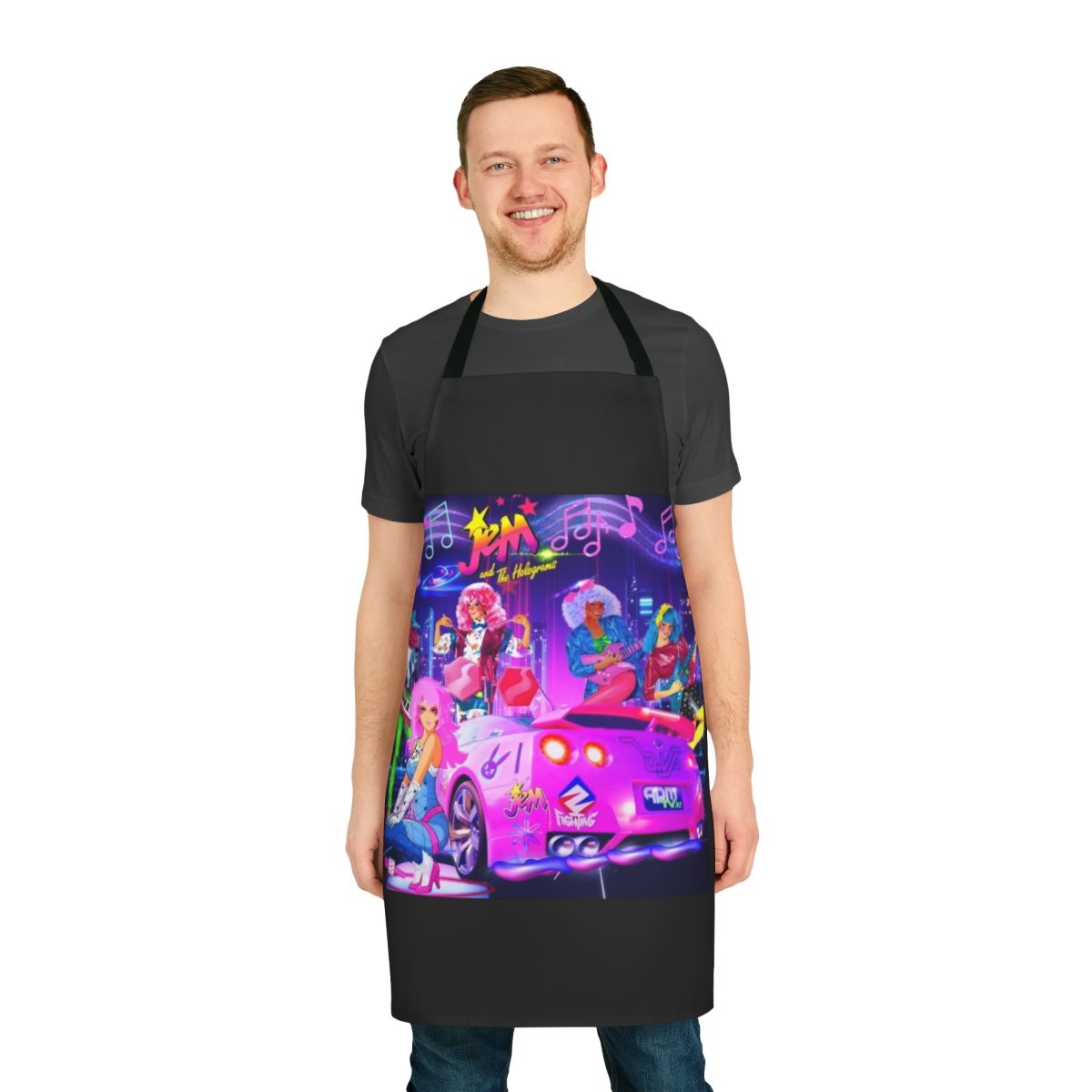 Retro-styled apron featuring the iconic music notes design inspired by the 80s cartoon "Jem and the Holograms"