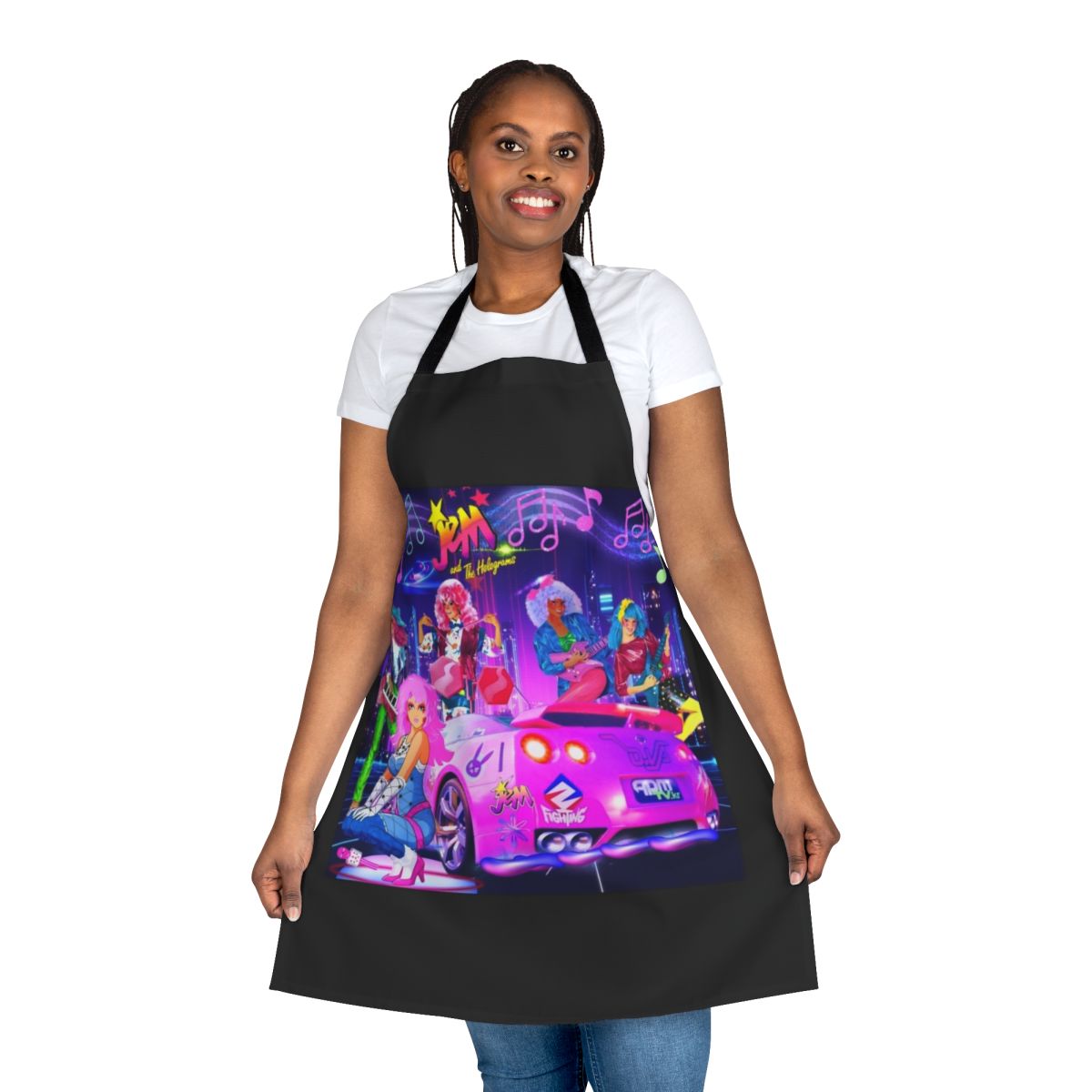 Retro-styled apron featuring the iconic music notes design inspired by the 80s cartoon "Jem and the Holograms"