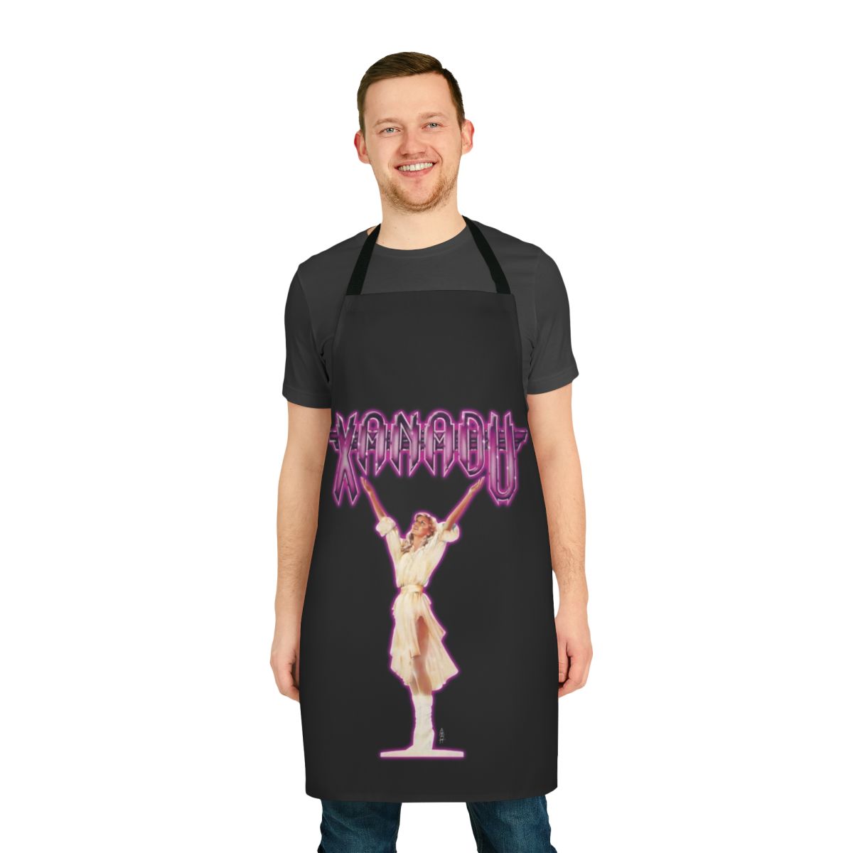 Retro 80s inspired apron featuring Olivia Newton-John's iconic Xanadu character