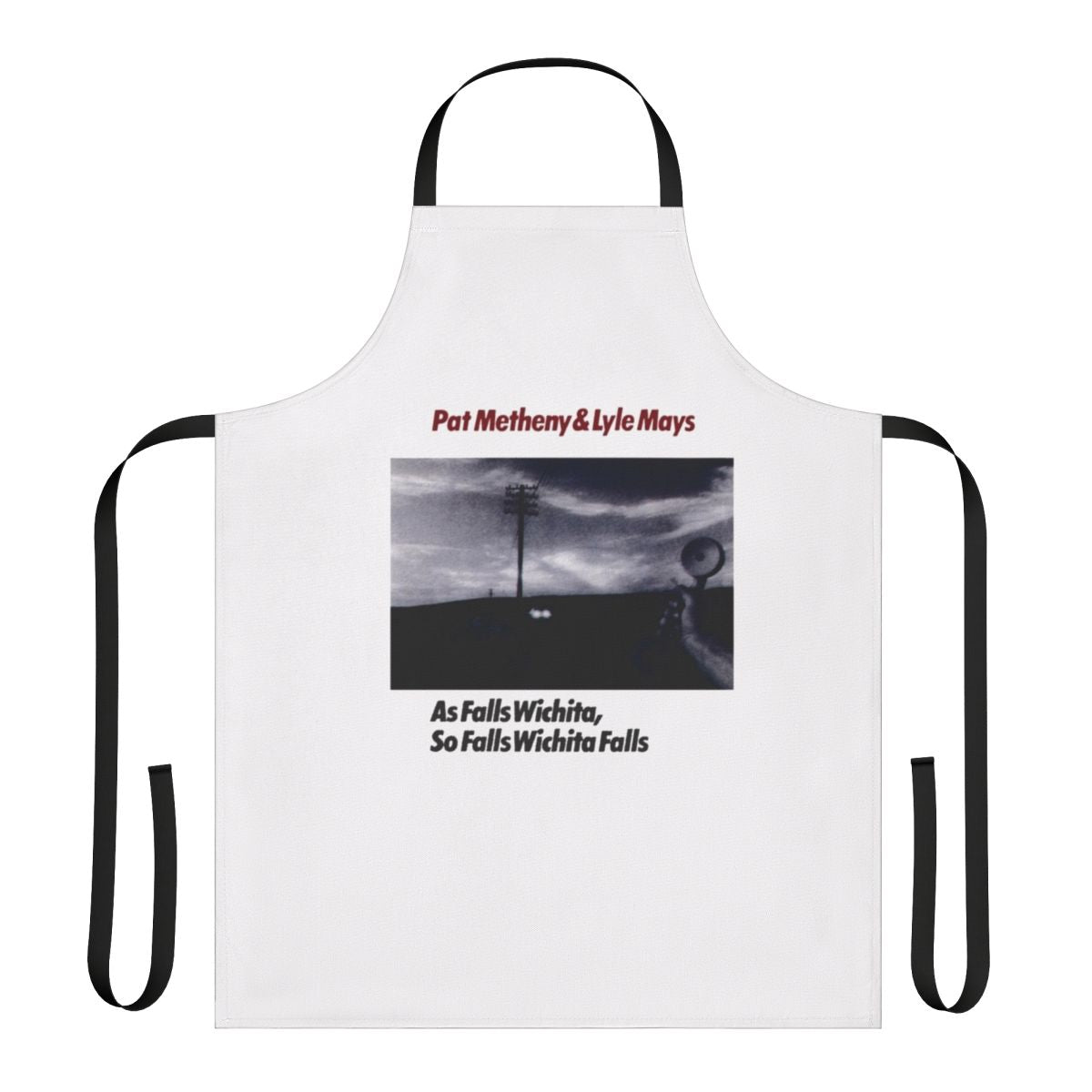 Retro 80s jazz fusion inspired apron featuring Pat Metheny and Lyle Mays' "As Falls Wichita"