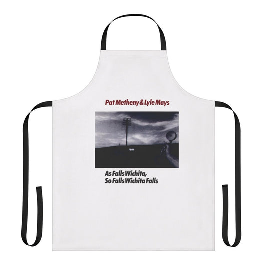 Retro 80s jazz fusion inspired apron featuring Pat Metheny and Lyle Mays' "As Falls Wichita"