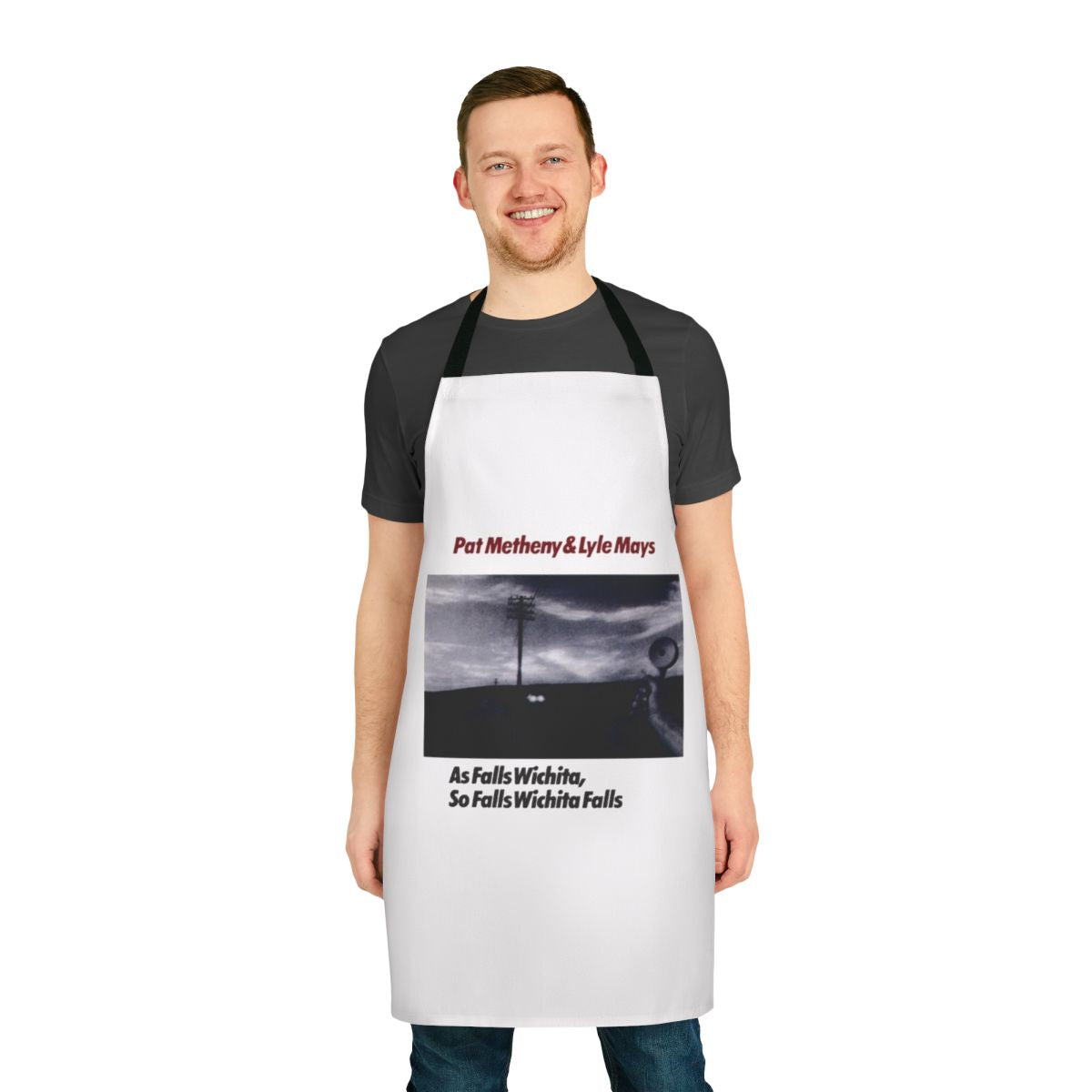 Retro 80s jazz fusion inspired apron featuring Pat Metheny and Lyle Mays' "As Falls Wichita"