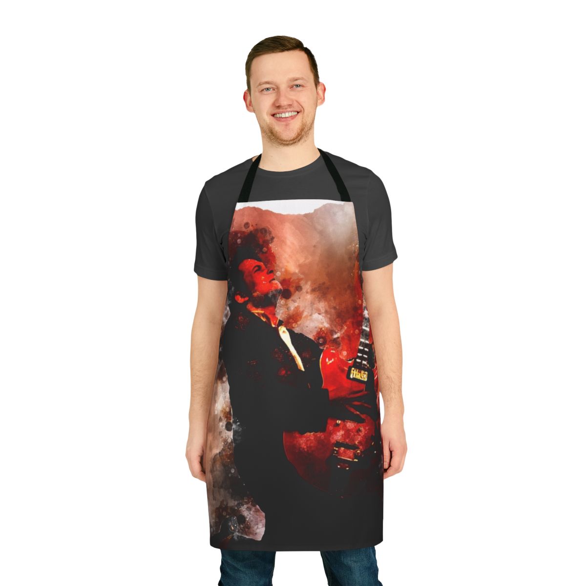 Retro 80s-style apron with Johnny B Goode guitar design, inspired by the Back to the Future movie