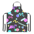 Retro 80s-inspired apron with a vibrant, geometric memphis-style pattern in a black background