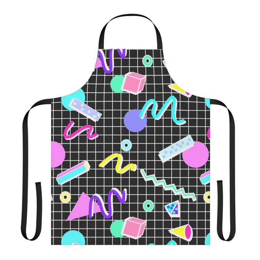 Retro 80s-inspired apron with a vibrant, geometric memphis-style pattern in a black background