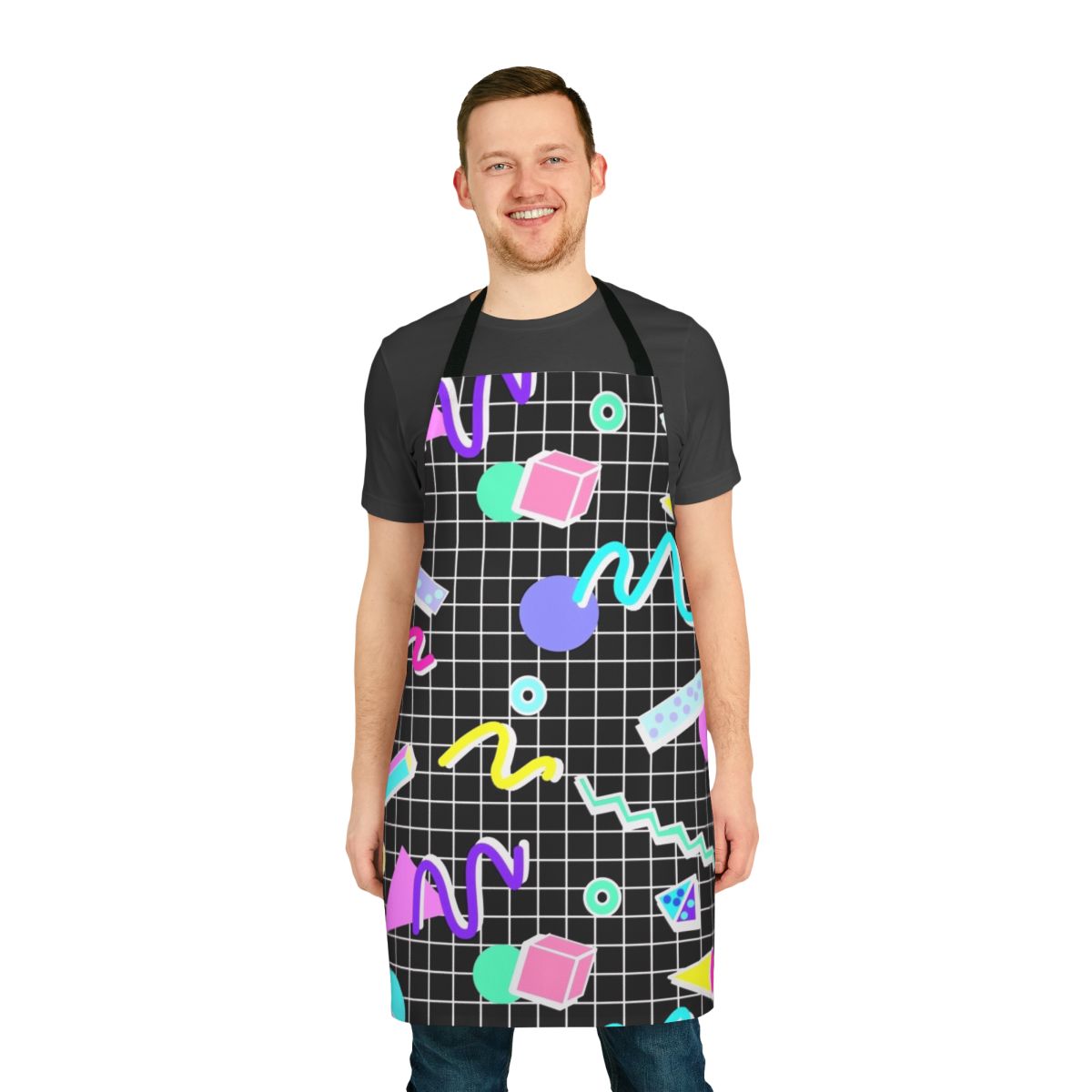 Retro 80s-inspired apron with a vibrant, geometric memphis-style pattern in a black background