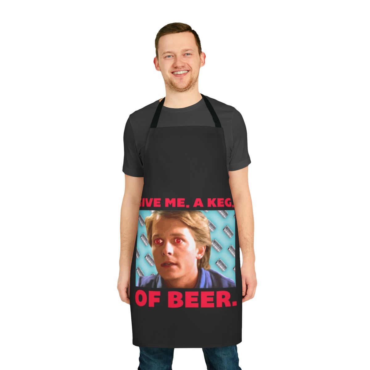 "Retro-styled apron featuring a humorous 80s movie-inspired design"