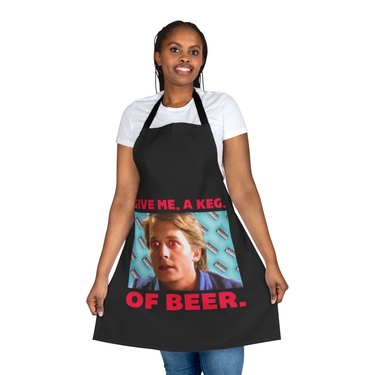 "Retro-styled apron featuring a humorous 80s movie-inspired design"