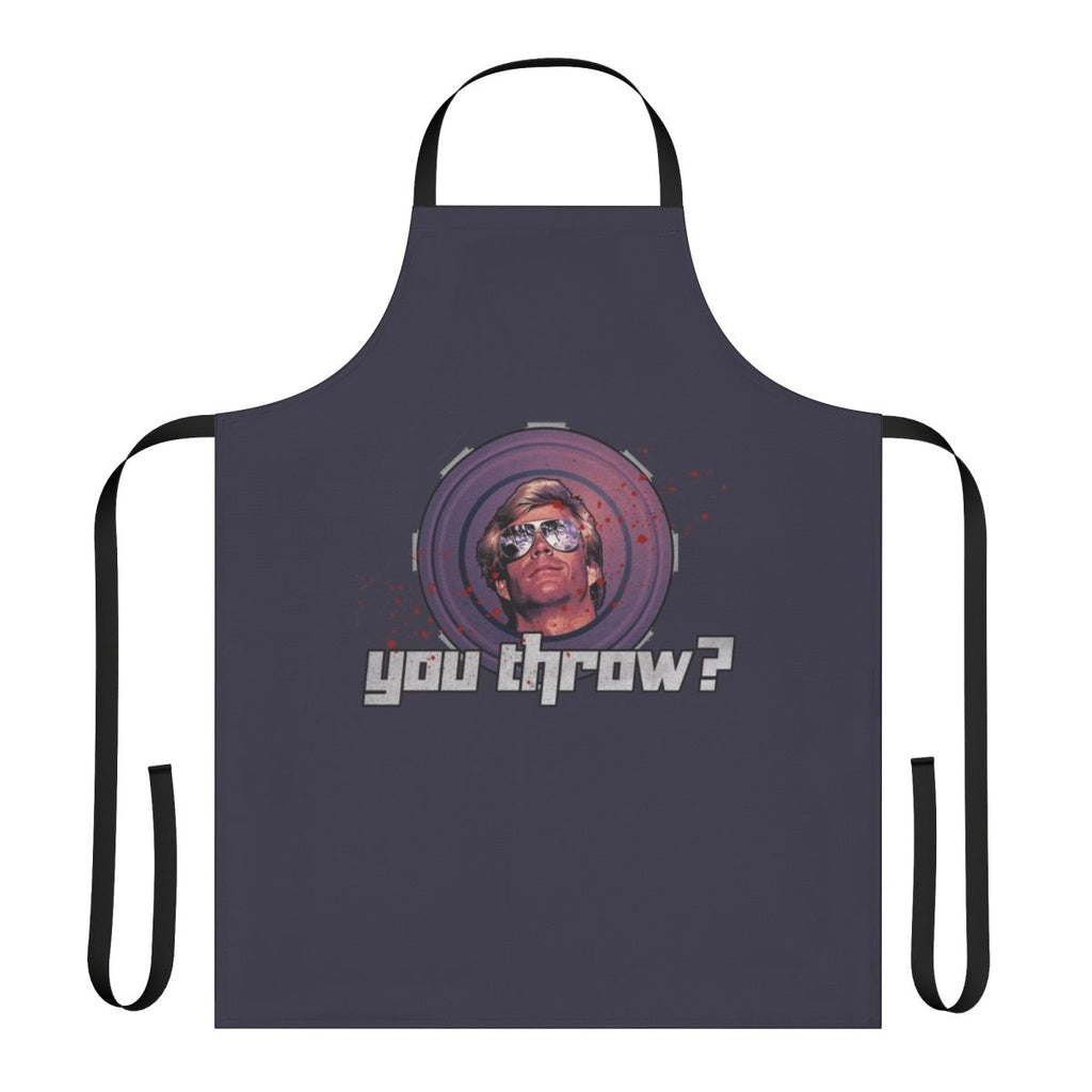 Retro 80s movie-themed kitchen apron with humorous graphic design