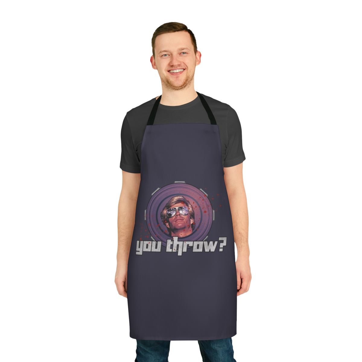 Retro 80s movie-themed kitchen apron with humorous graphic design