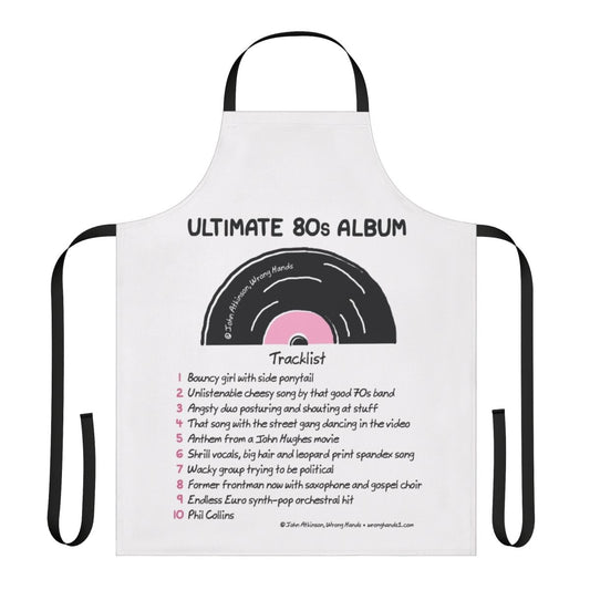 Stylized 80s music album artwork printed on a high-quality kitchen apron