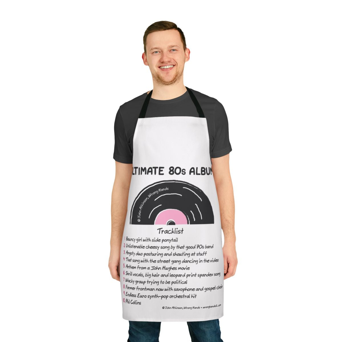 Stylized 80s music album artwork printed on a high-quality kitchen apron