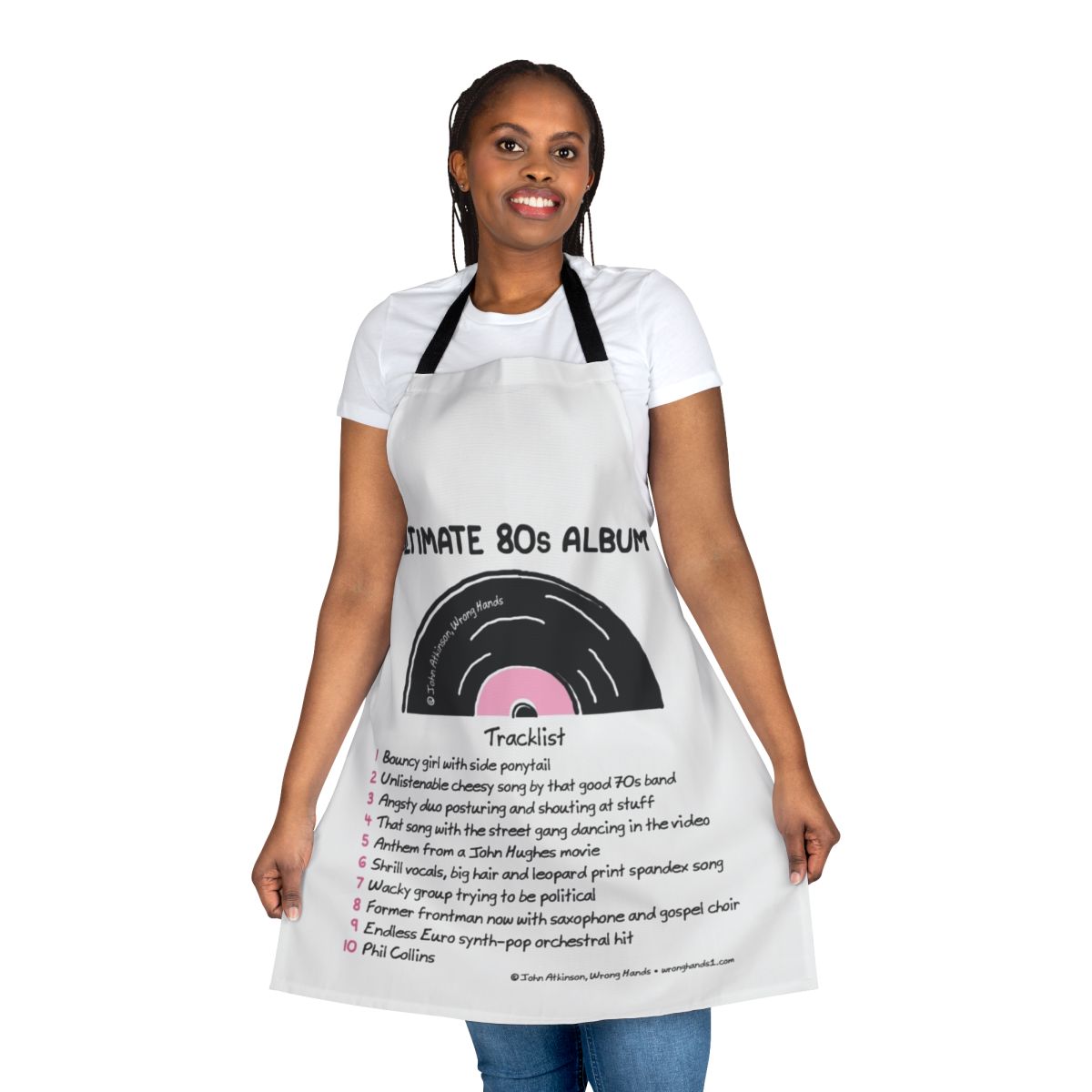 Stylized 80s music album artwork printed on a high-quality kitchen apron