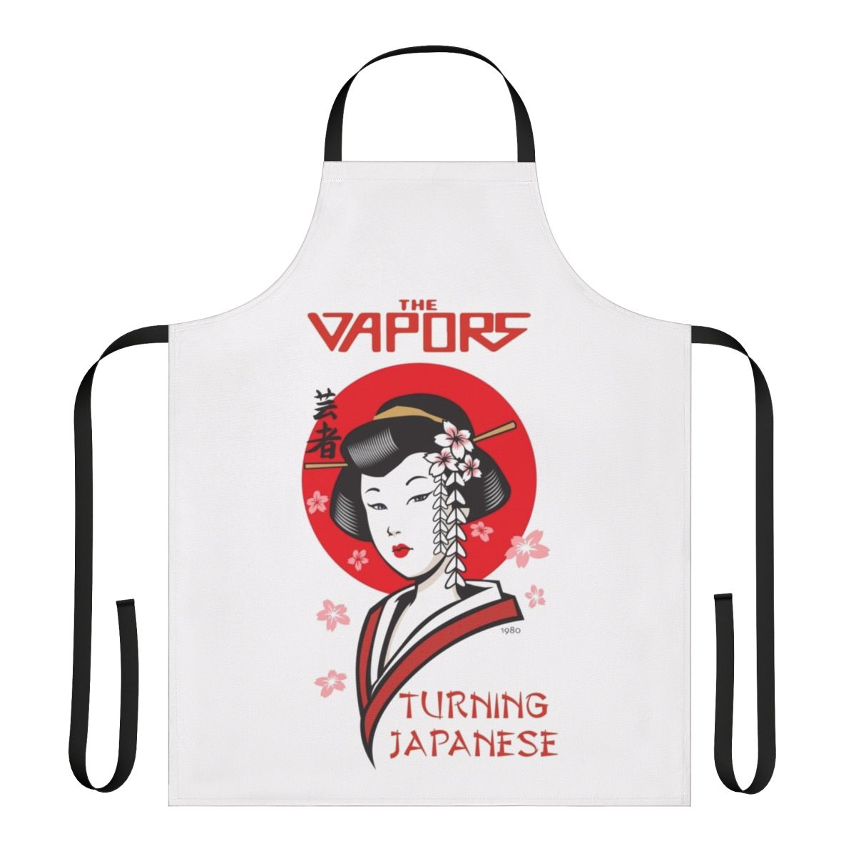 Retro 1980s music-themed apron with "Turning Japanese" design