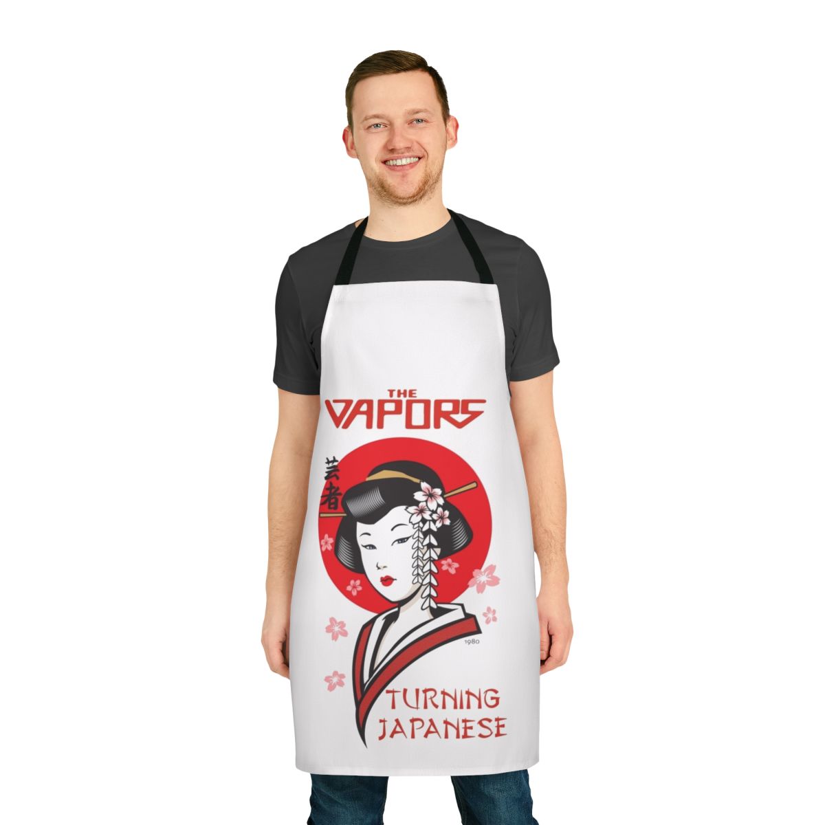 Retro 1980s music-themed apron with "Turning Japanese" design