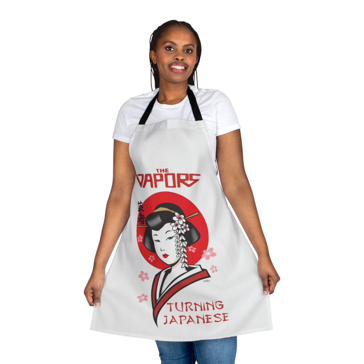 Retro 1980s music-themed apron with "Turning Japanese" design