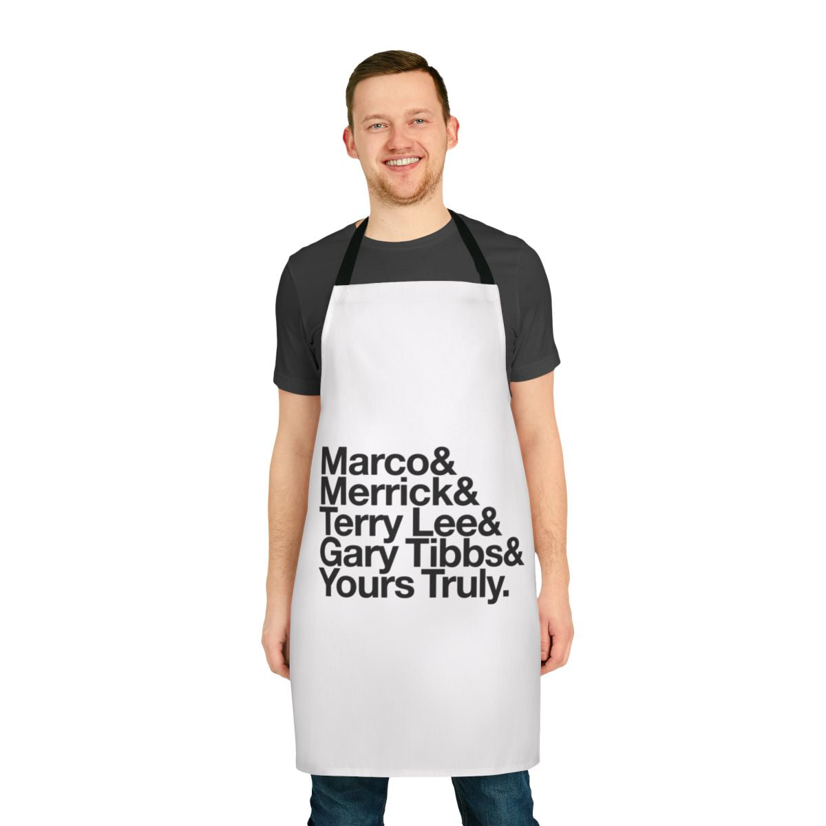 Retro-style apron featuring a playful design with the name and lyrics from the 80s new wave band Adam and the Ants