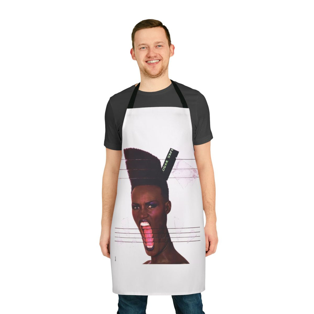 Retro music inspired apron featuring the album cover art of Grace Jones' "Slave to the Rhythm"