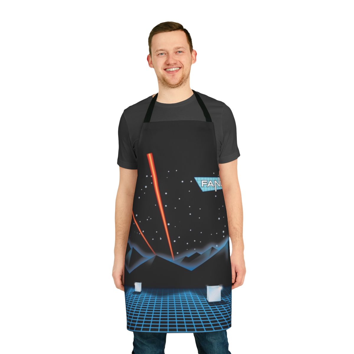 Retro 80s music themed apron featuring a stylized design