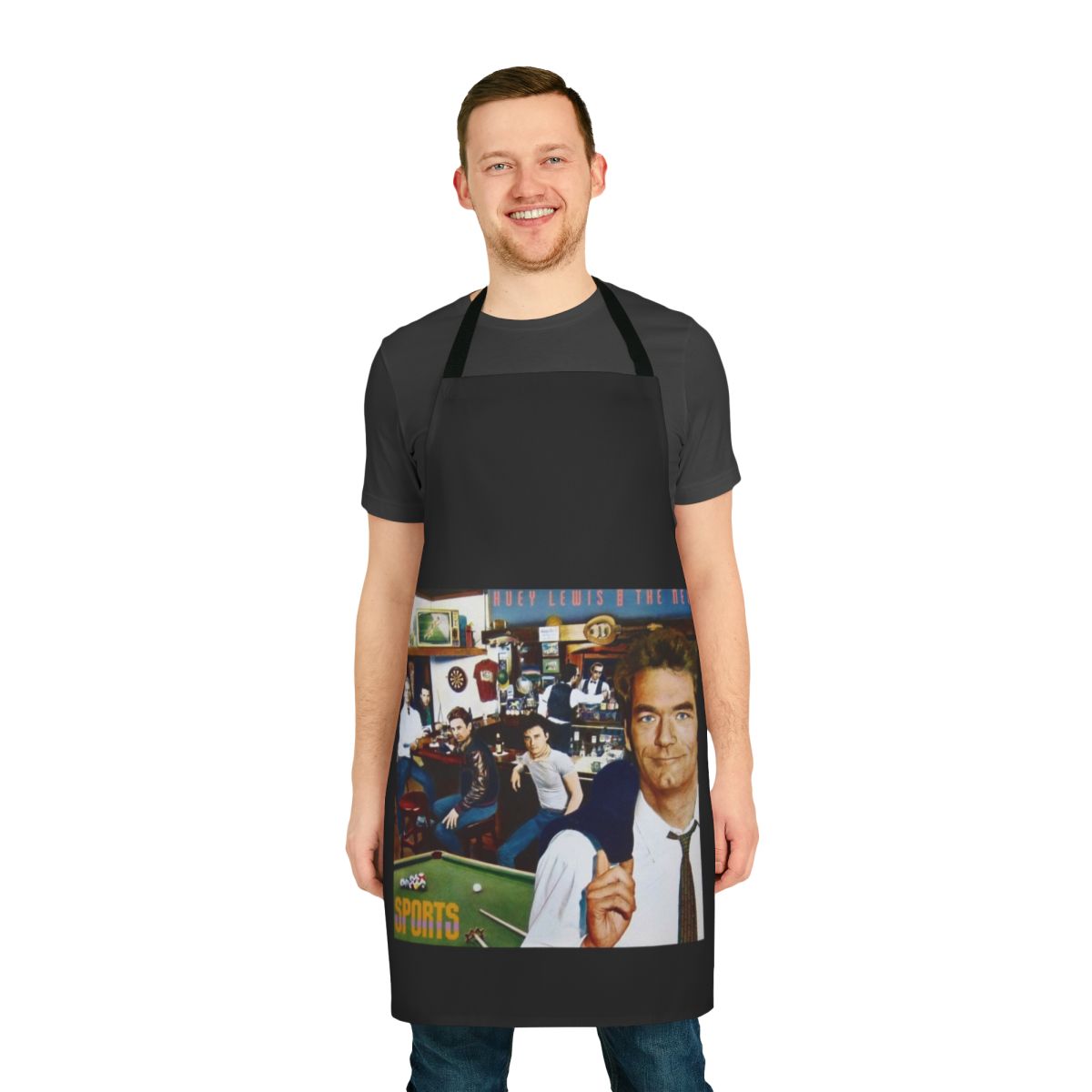 Retro 1980s music-inspired apron featuring vector art portrait of Huey Lewis