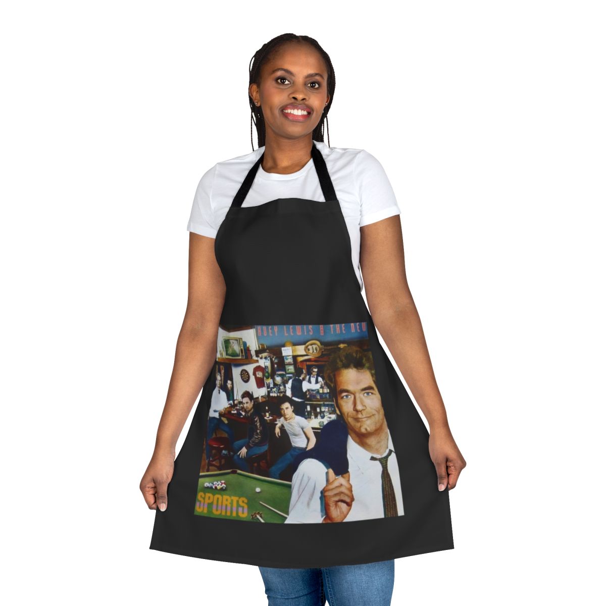 Retro 1980s music-inspired apron featuring vector art portrait of Huey Lewis