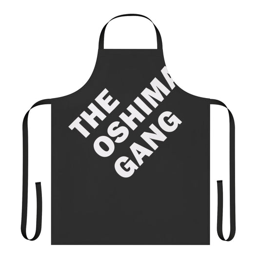 An apron featuring a retro 80s music design with the "Oshima Gang" and members of the band Duran Duran.