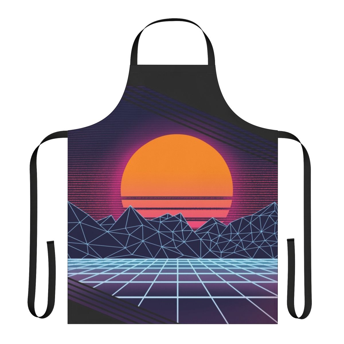 Retro 80s style apron with neon sunset and cyberpunk elements