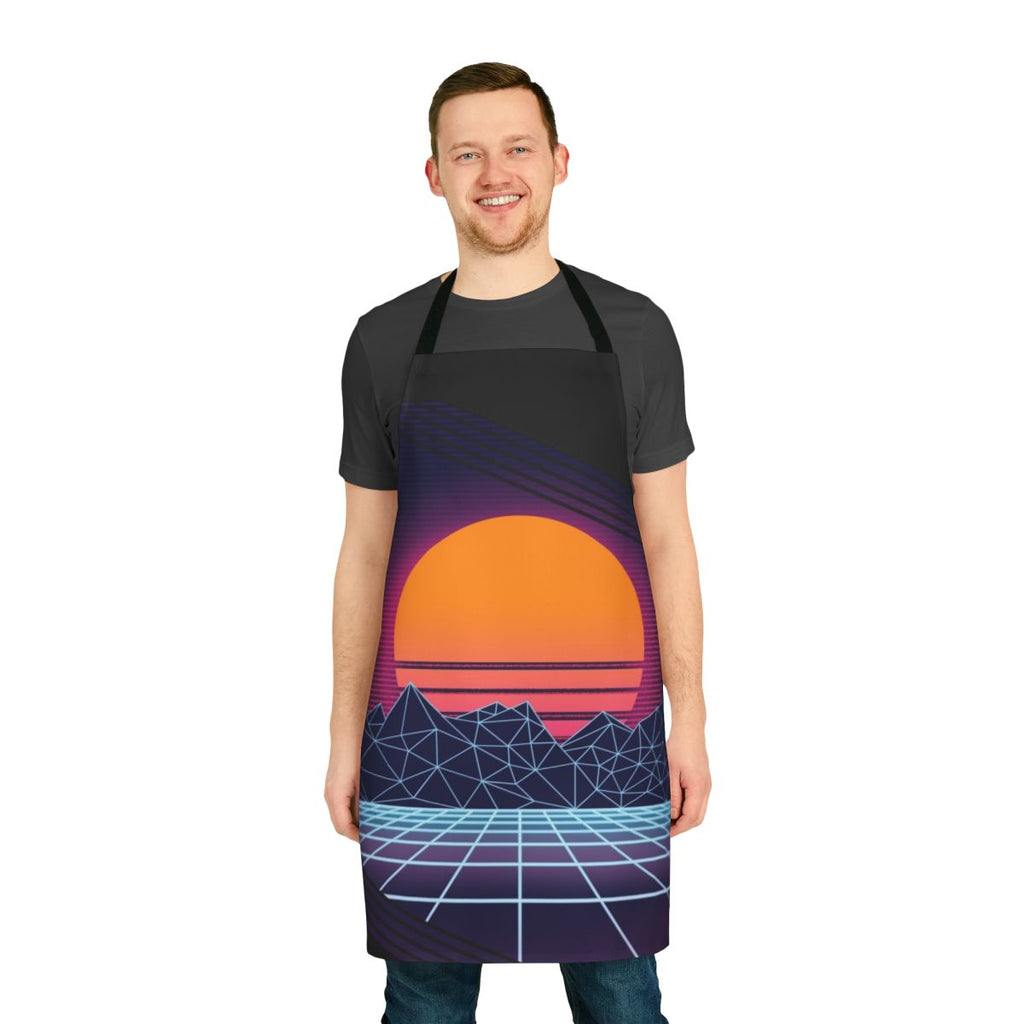 Retro 80s style apron with neon sunset and cyberpunk elements