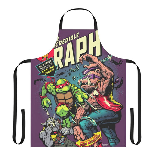 Retro-style kitchen apron featuring a ninja turtle character in a comic book mashup design