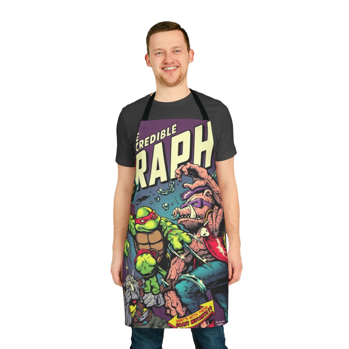 Retro-style kitchen apron featuring a ninja turtle character in a comic book mashup design