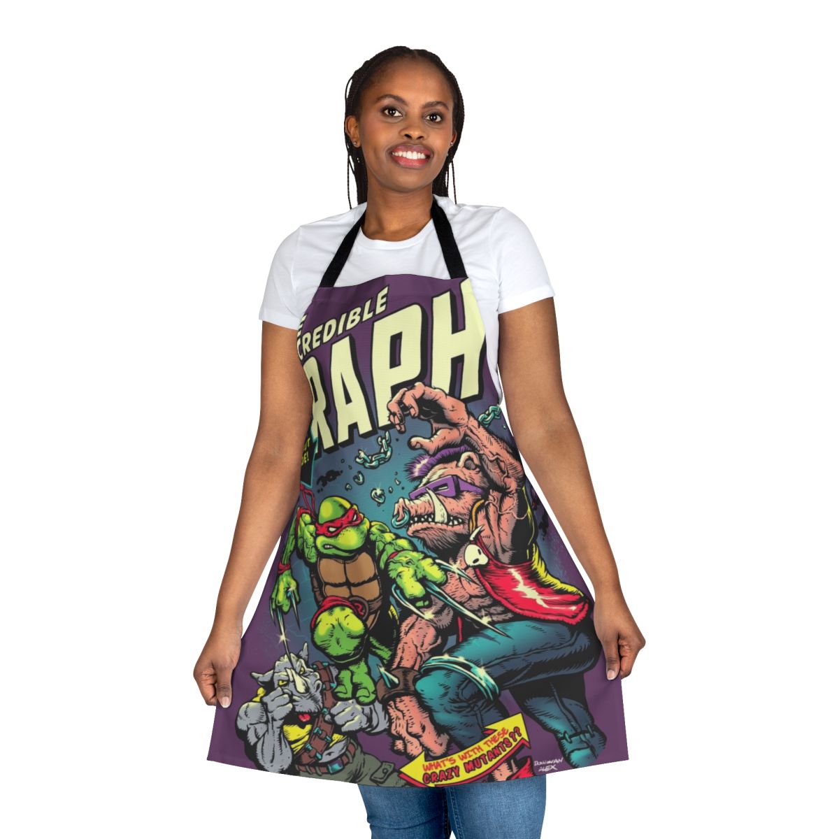 Retro-style kitchen apron featuring a ninja turtle character in a comic book mashup design