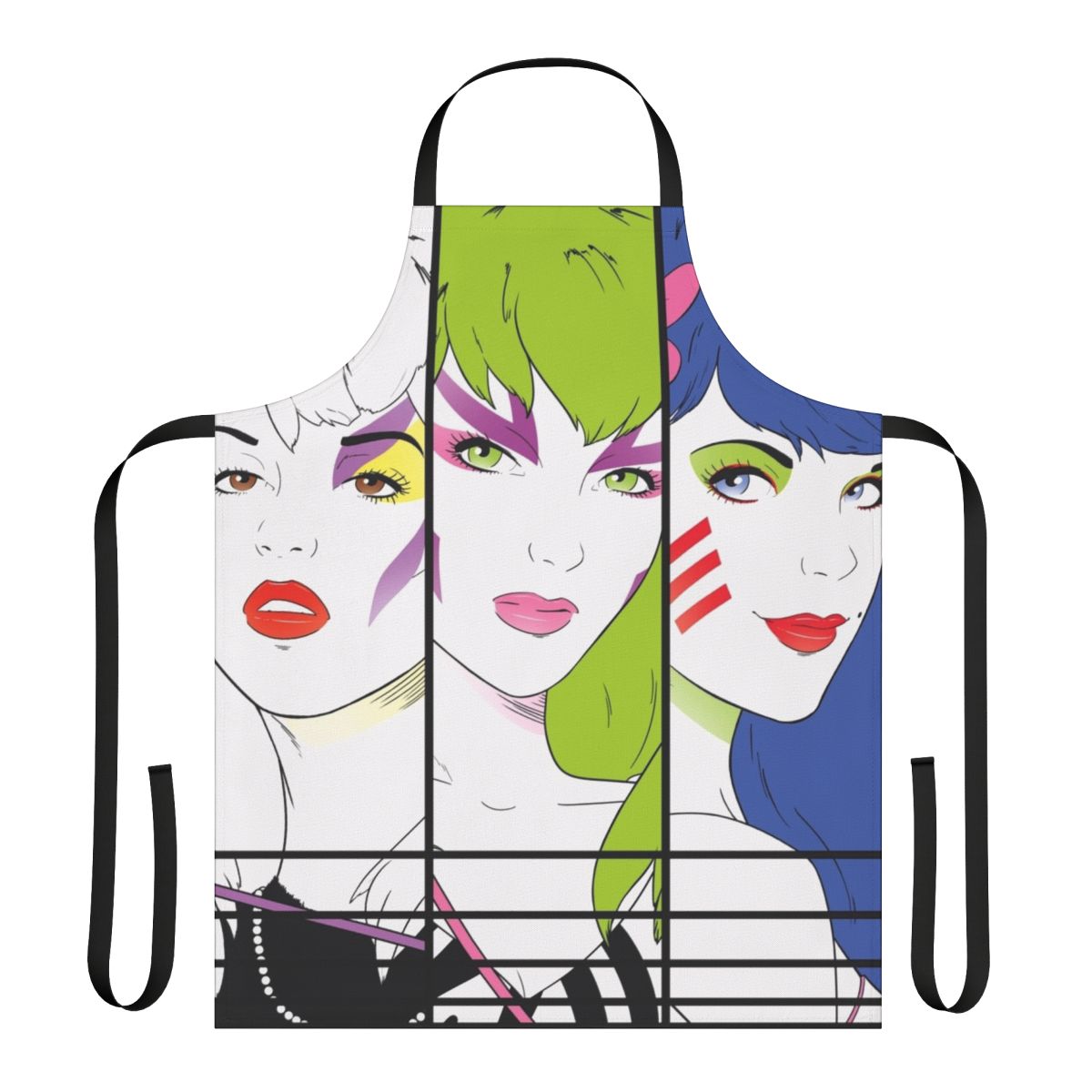 Retro 80s pop art apron featuring iconic characters from the Jem and the Holograms cartoon