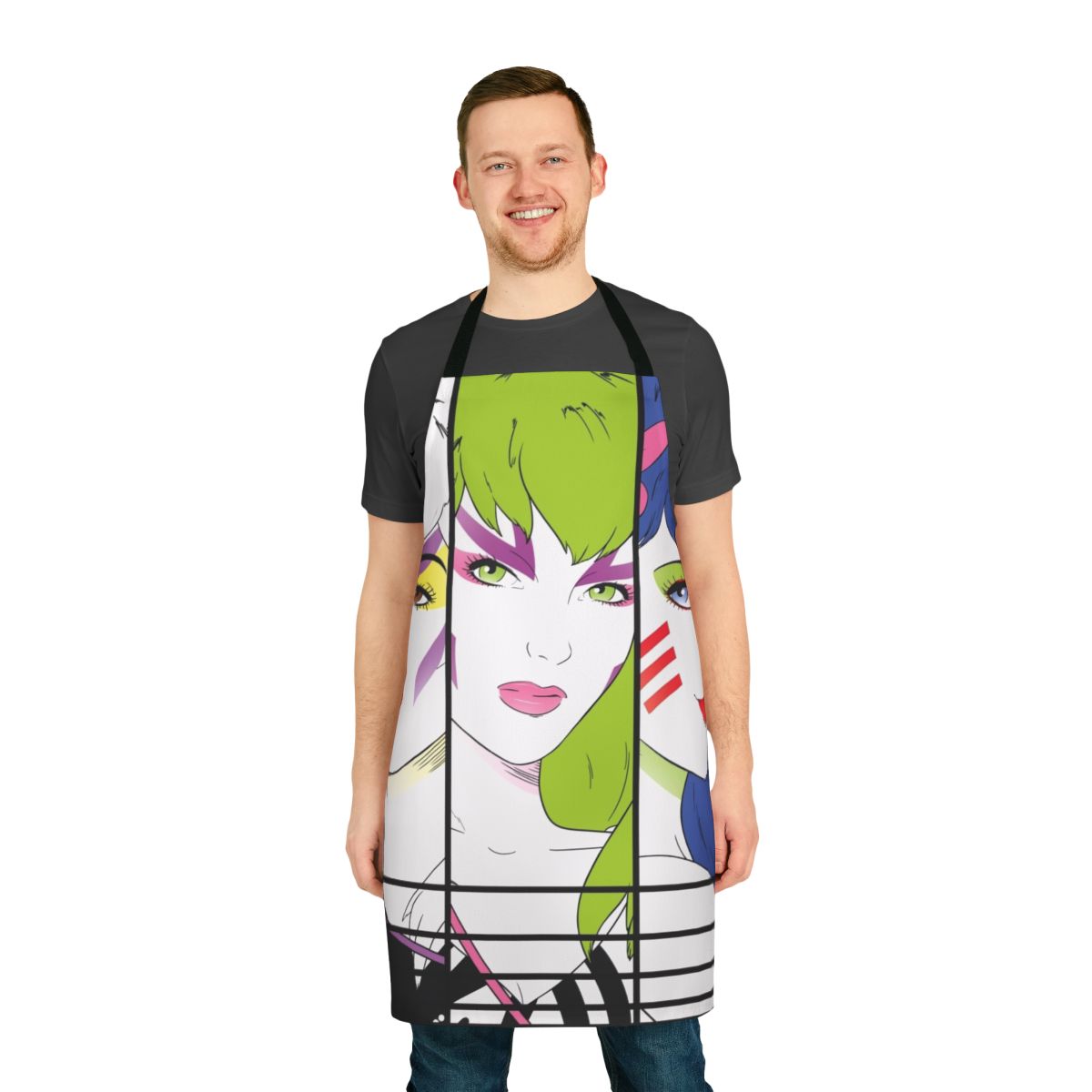 Retro 80s pop art apron featuring iconic characters from the Jem and the Holograms cartoon