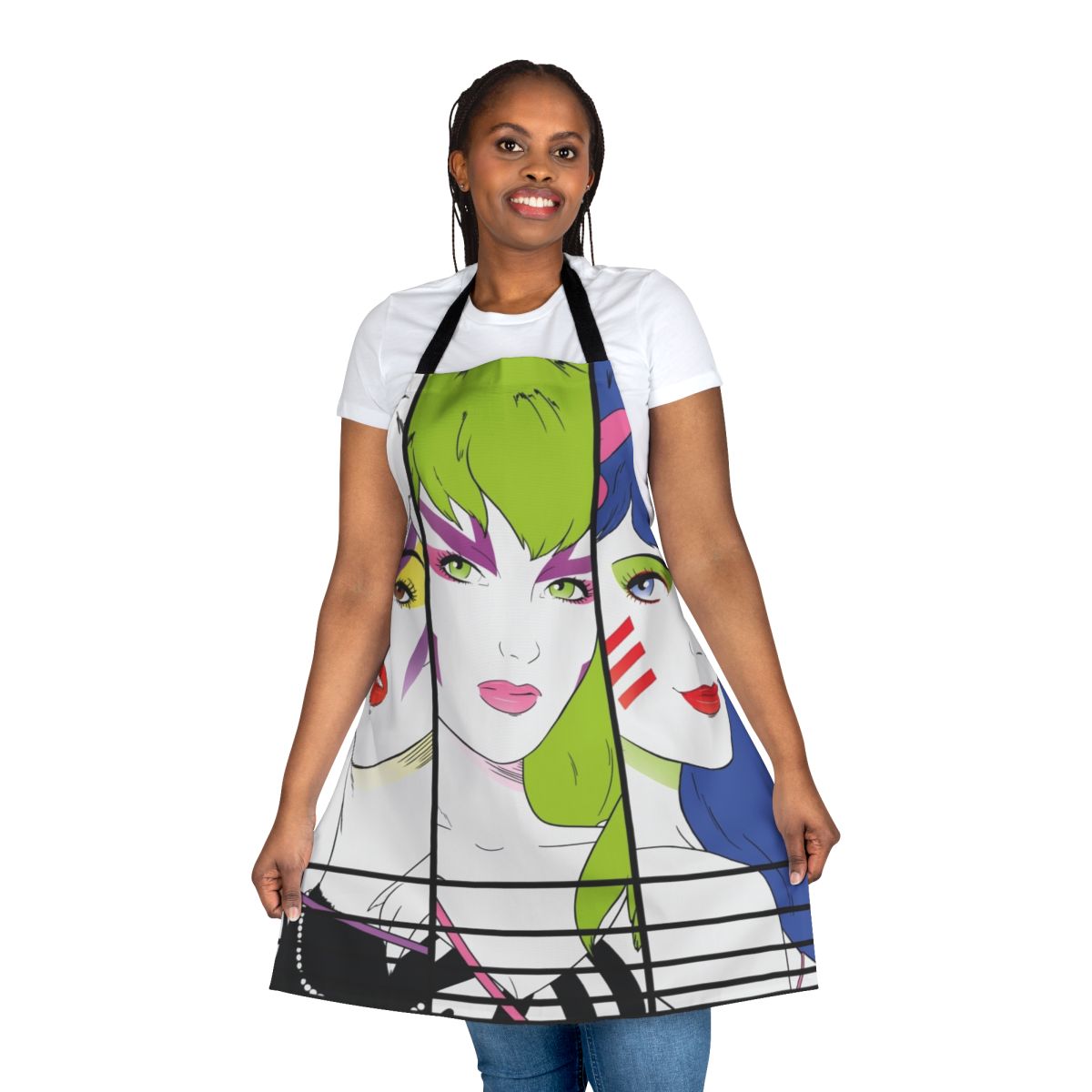 Retro 80s pop art apron featuring iconic characters from the Jem and the Holograms cartoon