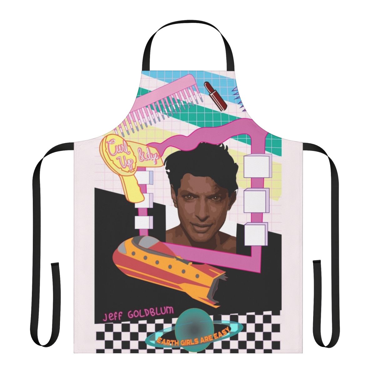Colorful retro-style apron featuring illustrations of aliens, a spaceship, and a nod to the 1980s film "Earth Girls Are Easy"