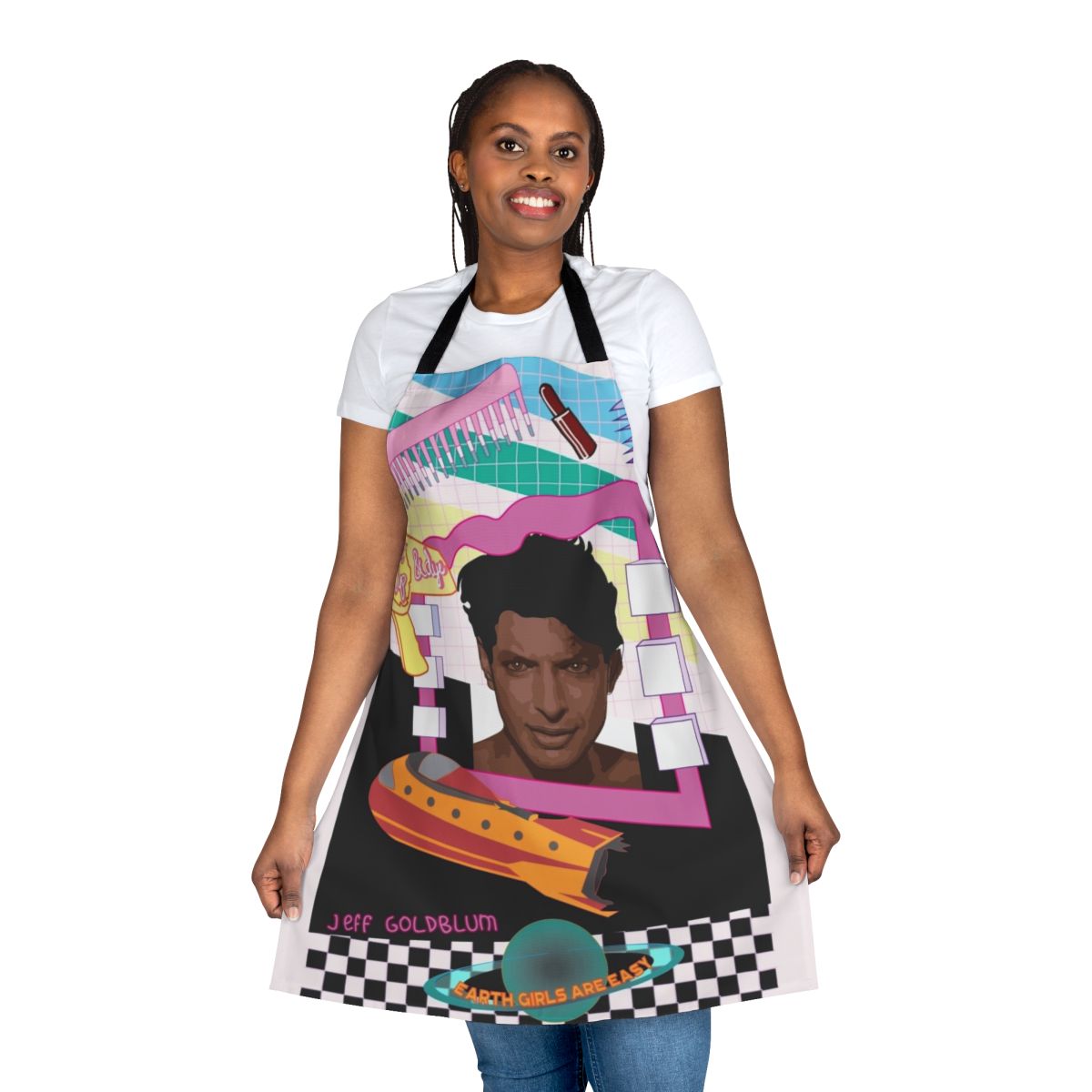 Colorful retro-style apron featuring illustrations of aliens, a spaceship, and a nod to the 1980s film "Earth Girls Are Easy"