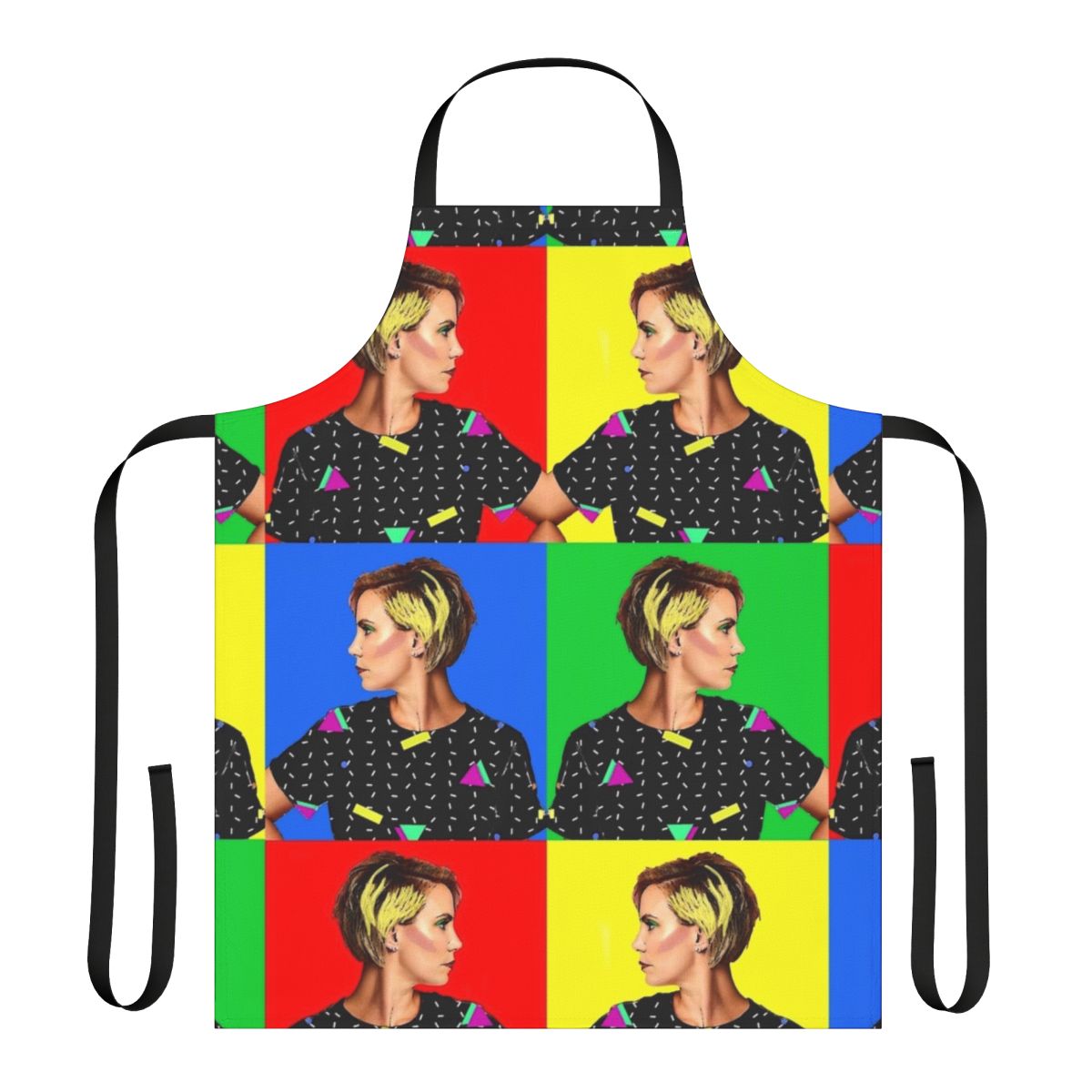 Retro 80s pop art style kitchen apron with celebrity-inspired design
