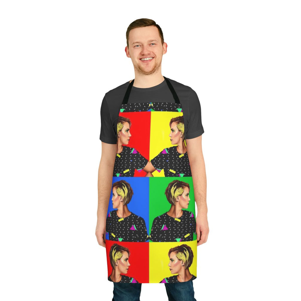 Retro 80s pop art style kitchen apron with celebrity-inspired design