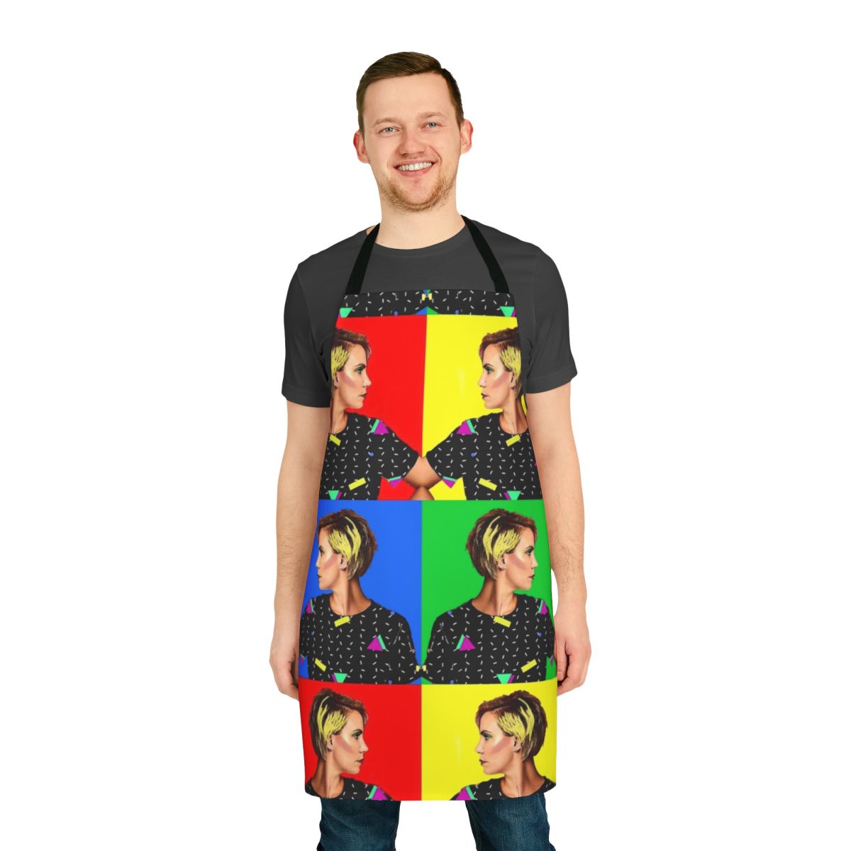 Retro 80s pop art style kitchen apron with celebrity-inspired design