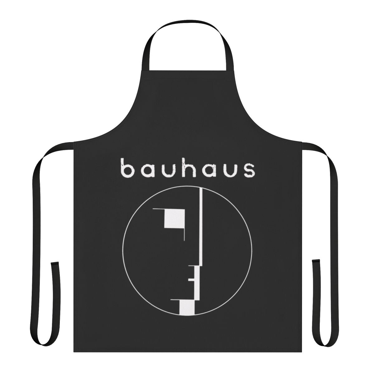 Stylish black and white apron featuring Bauhaus-inspired post punk and industrial music visuals